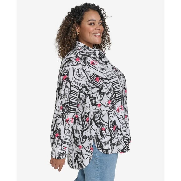 KARL LAGERFELD Plus Size 2X Printed Collared Button Shirt White SALE $99 - Picture 4 of 6